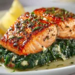 Spinach stuffed salmon fillet with vibrant greens and seasonings cooked to perfection