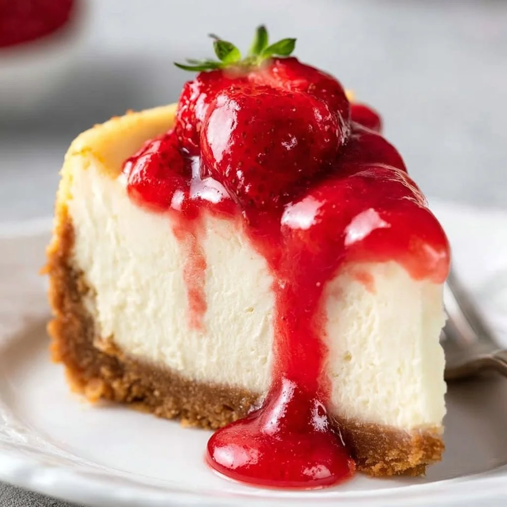 Delicious strawberry cheesecake topped with fresh strawberries