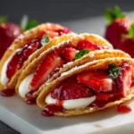 Strawberry cheesecake dessert tacos garnished with fresh strawberries