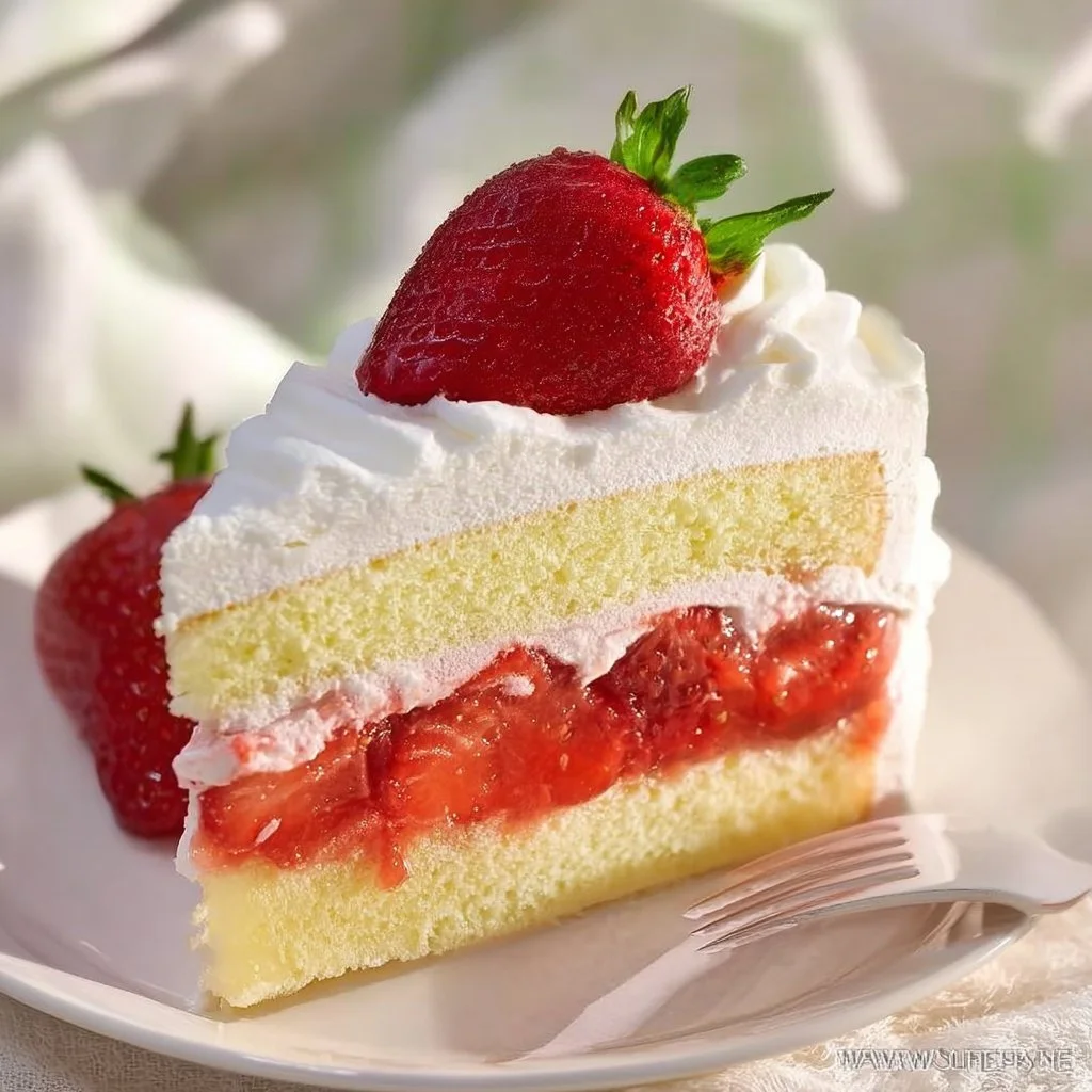 Deliciously layered Strawberry Cream Cake with fresh strawberries and creamy frosting.