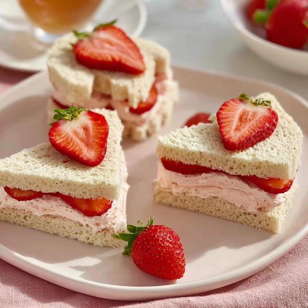 Strawberry cream cheese tea sandwiches served on a platter