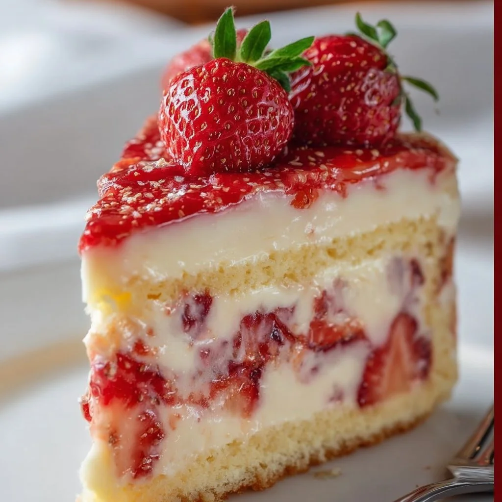 Slice of Strawberry Custard Delight Cake with fresh strawberries on top