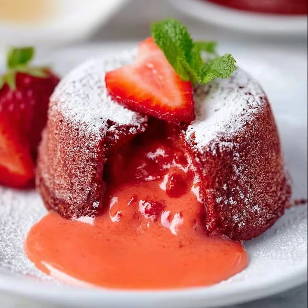 Delicious strawberry lava cakes with gooey centers and fresh strawberries