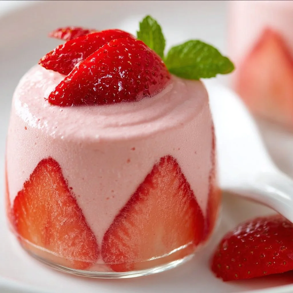 Delicious homemade strawberry mousse topped with fresh strawberries