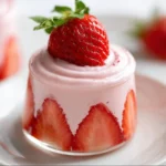 Delicious homemade strawberry mousse topped with fresh strawberries.