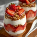 Strawberry Pretzel Salad Parfaits with layers of strawberries, pretzels, and cream