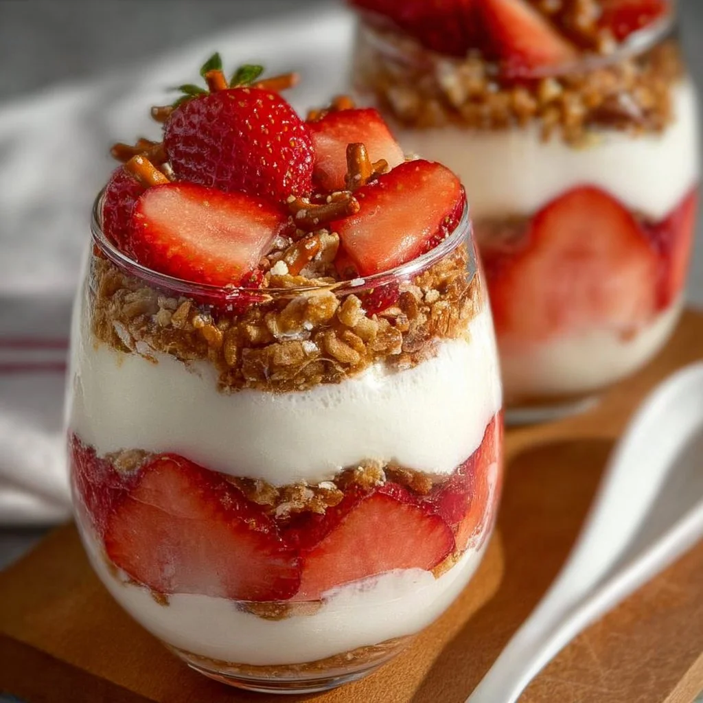 Strawberry Pretzel Salad Parfaits with layers of strawberries, pretzels, and cream