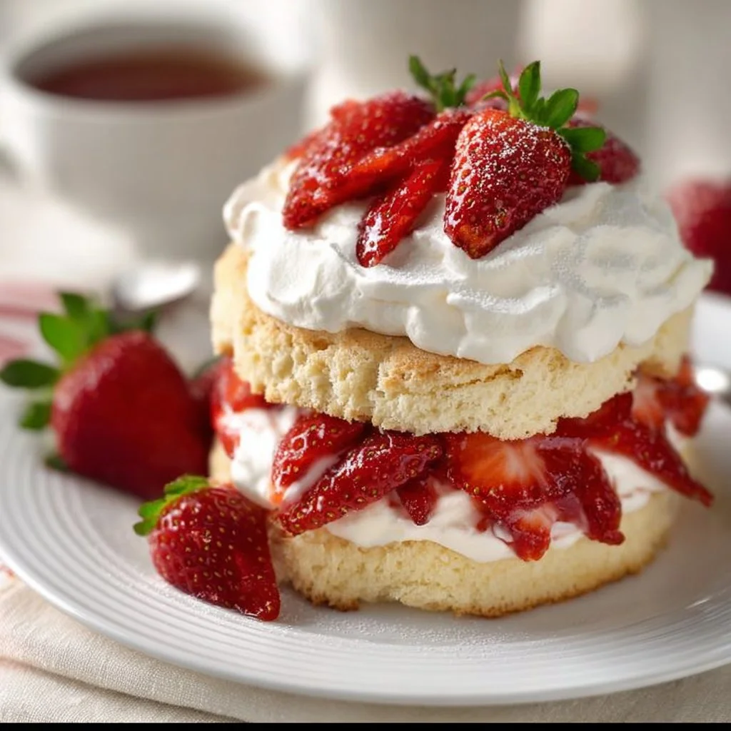 Delicious homemade Strawberry Shortcake topped with fresh strawberries and cream.