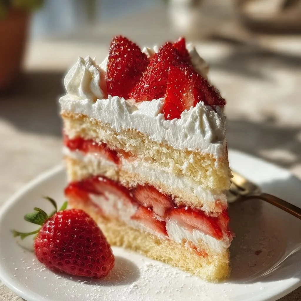 Delicious Strawberry Shortcake Cake topped with fresh strawberries and cream.