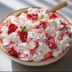 Strawberry Shortcake Fluff Salad with fresh strawberries and whipped cream