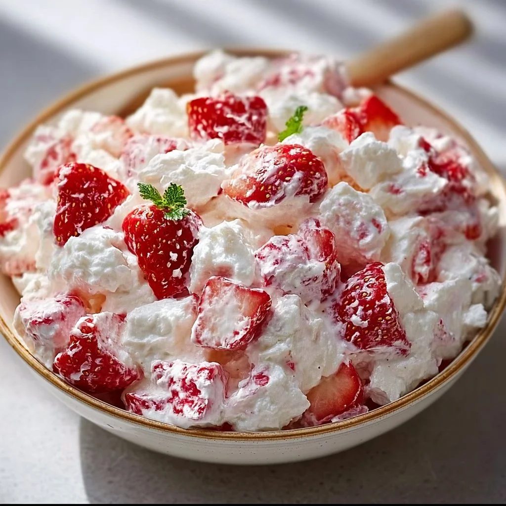 Strawberry Shortcake Fluff Salad with fresh strawberries and whipped cream