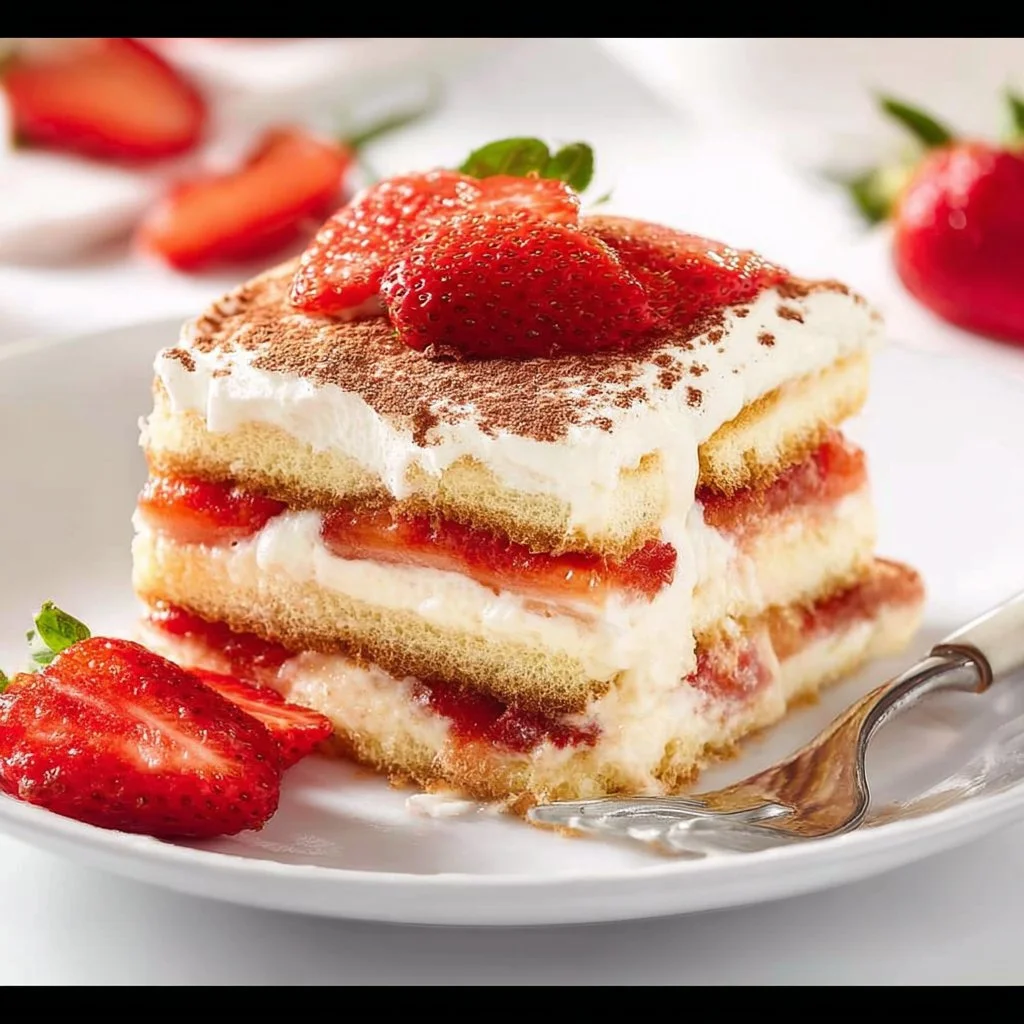 Delicious strawberry tiramisù dessert with fresh strawberries and mascarpone