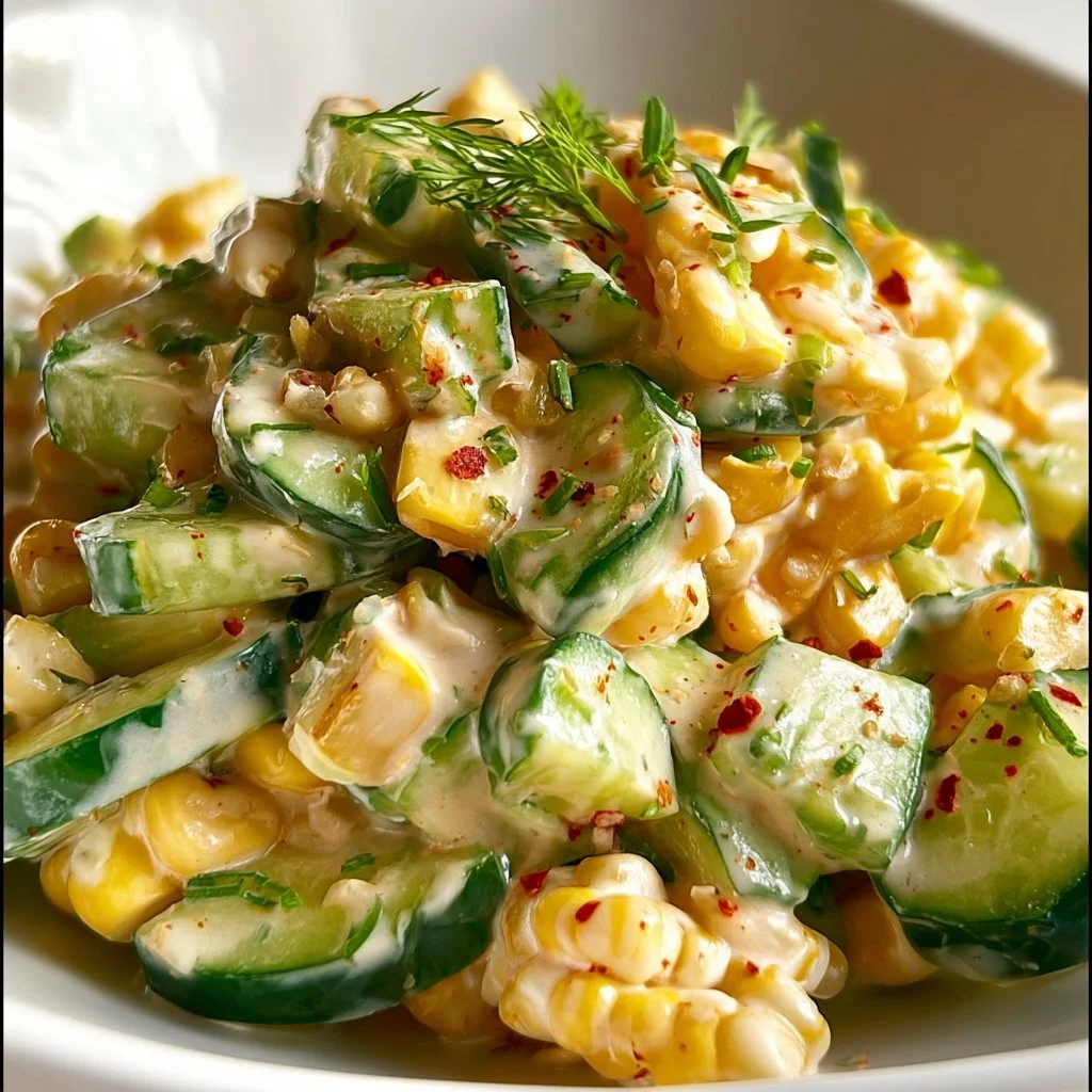 Delicious street corn creamy cucumber salad garnished with herbs and spices