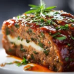 Delicious stuffed Italian meatloaf served on a platter with fresh herbs.