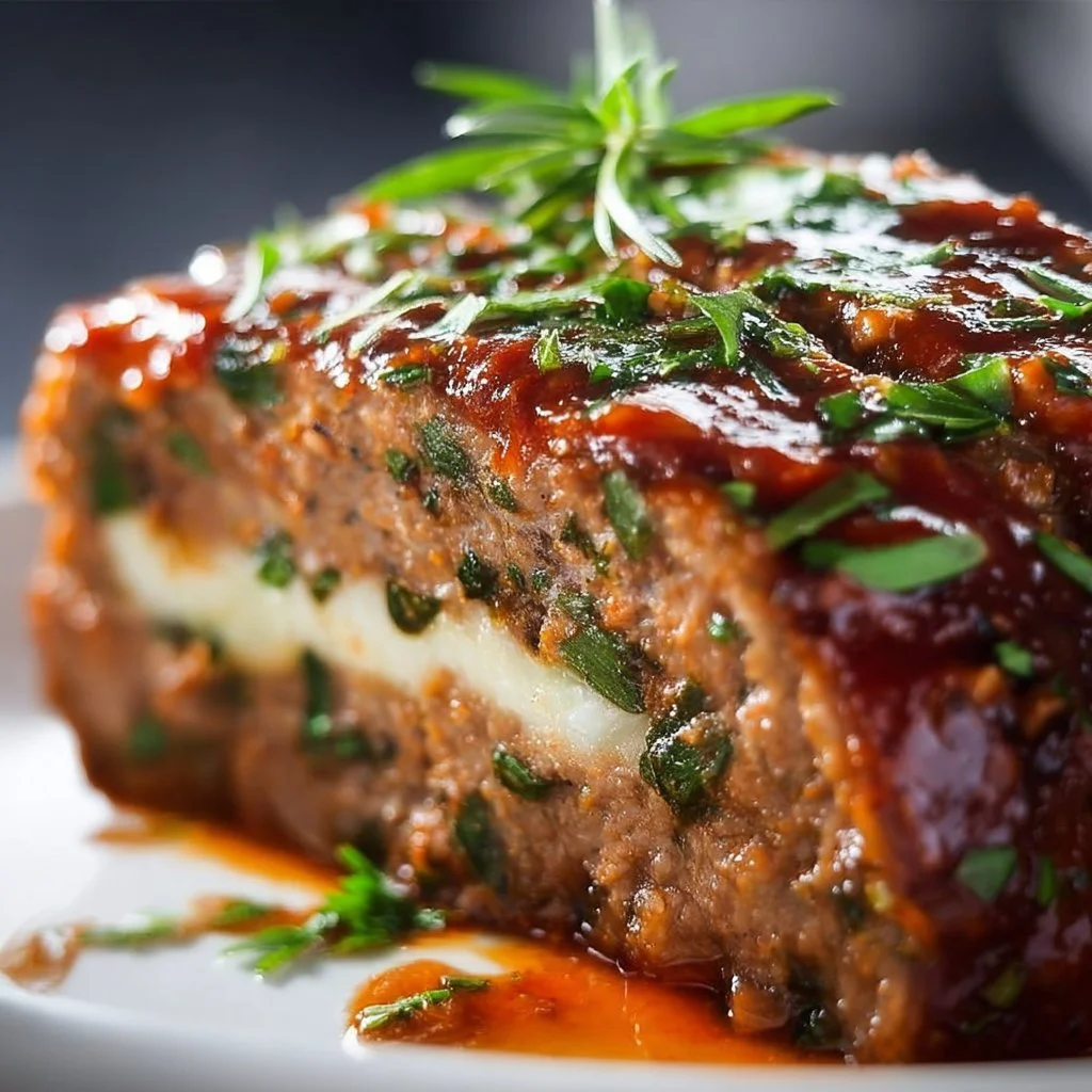 Delicious stuffed Italian meatloaf served on a platter with fresh herbs.