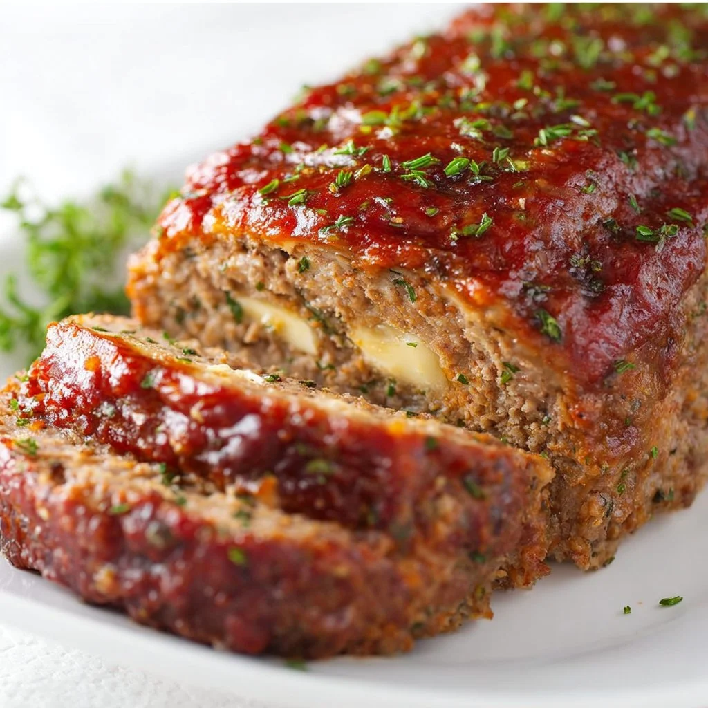 Delicious stuffed meatloaf sliced and served with vegetables
