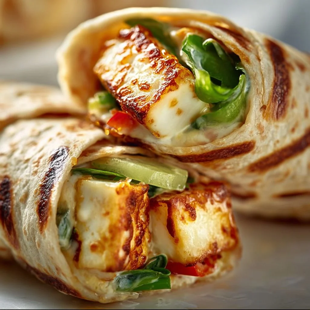 Delicious Sweet Chili Halloumi Wraps with fresh vegetables and sauce