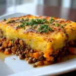 Sweet Potato & Lentil Shepherd’s Pie served in a rustic dish