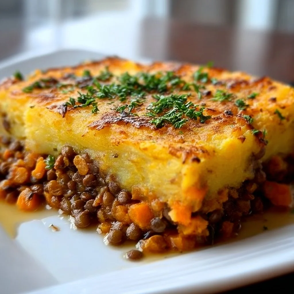 Sweet Potato & Lentil Shepherd’s Pie served in a rustic dish