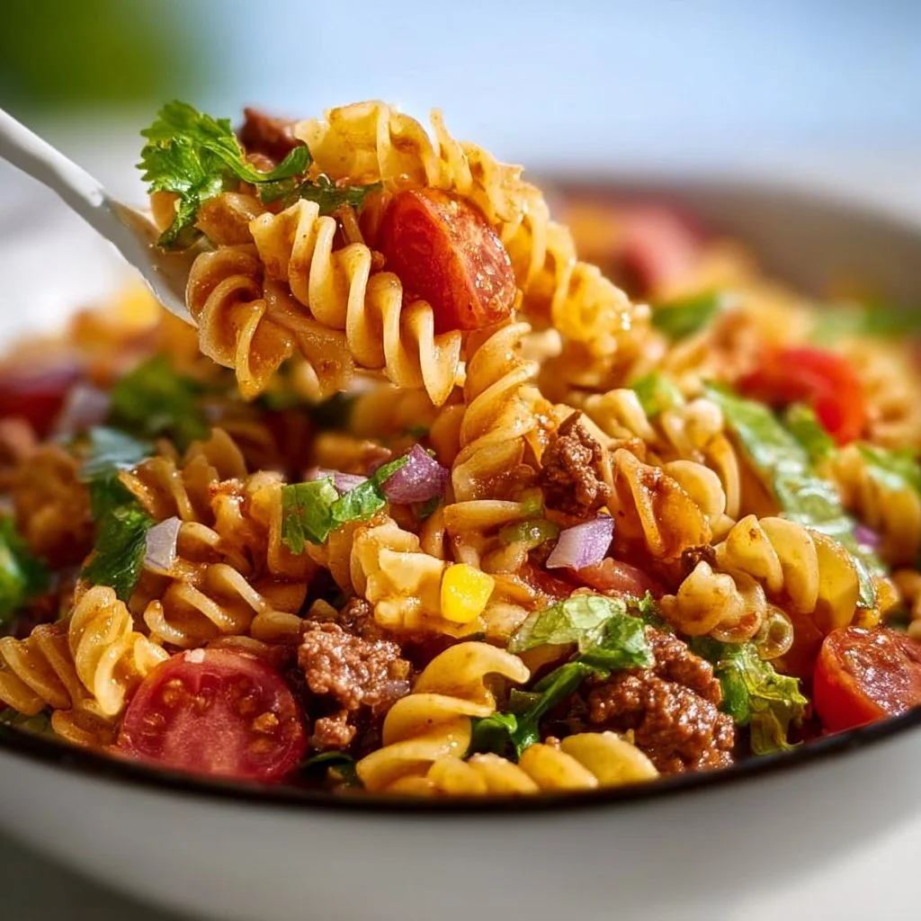Colorful Taco Pasta Salad with fresh ingredients and taco seasoning