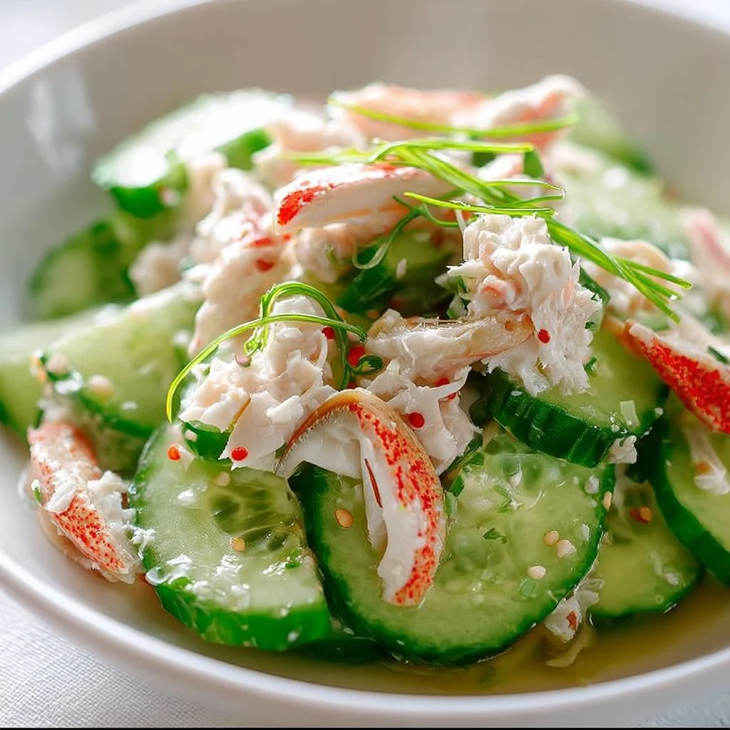Delicious cucumber salad with crab meat, garnished and ready to serve.
