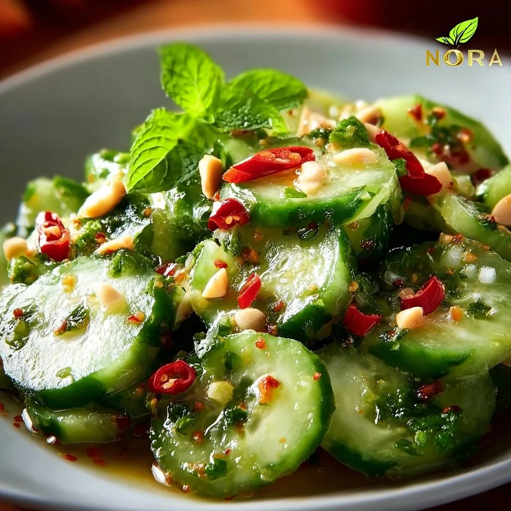 Fresh Thai cucumber salad with herbs, spices, and vibrant vegetables