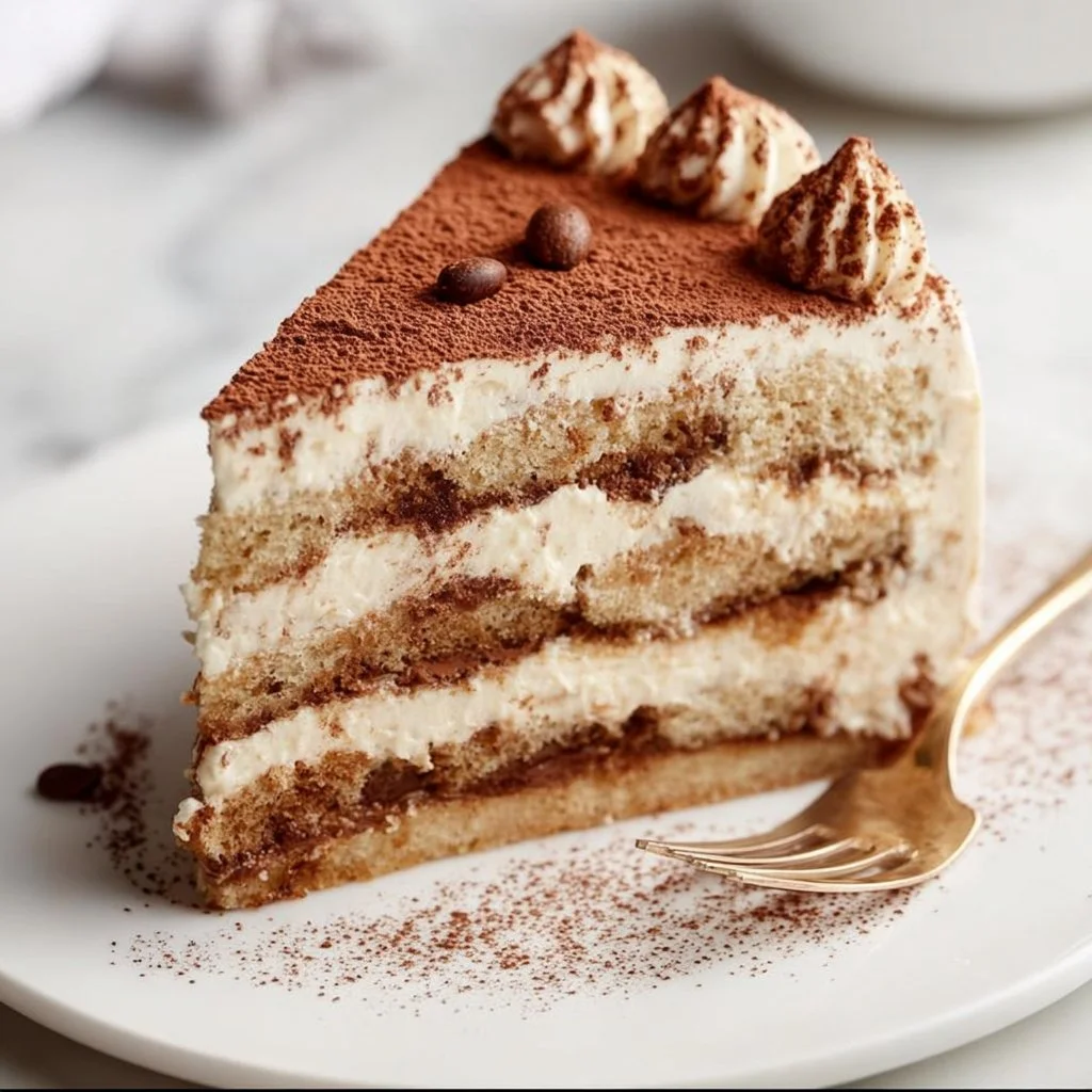 Delicious Tiramisu Cake topped with rich mascarpone frosting, perfect dessert treat.