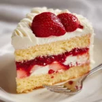 Vanilla cake with strawberry filling served on a plate