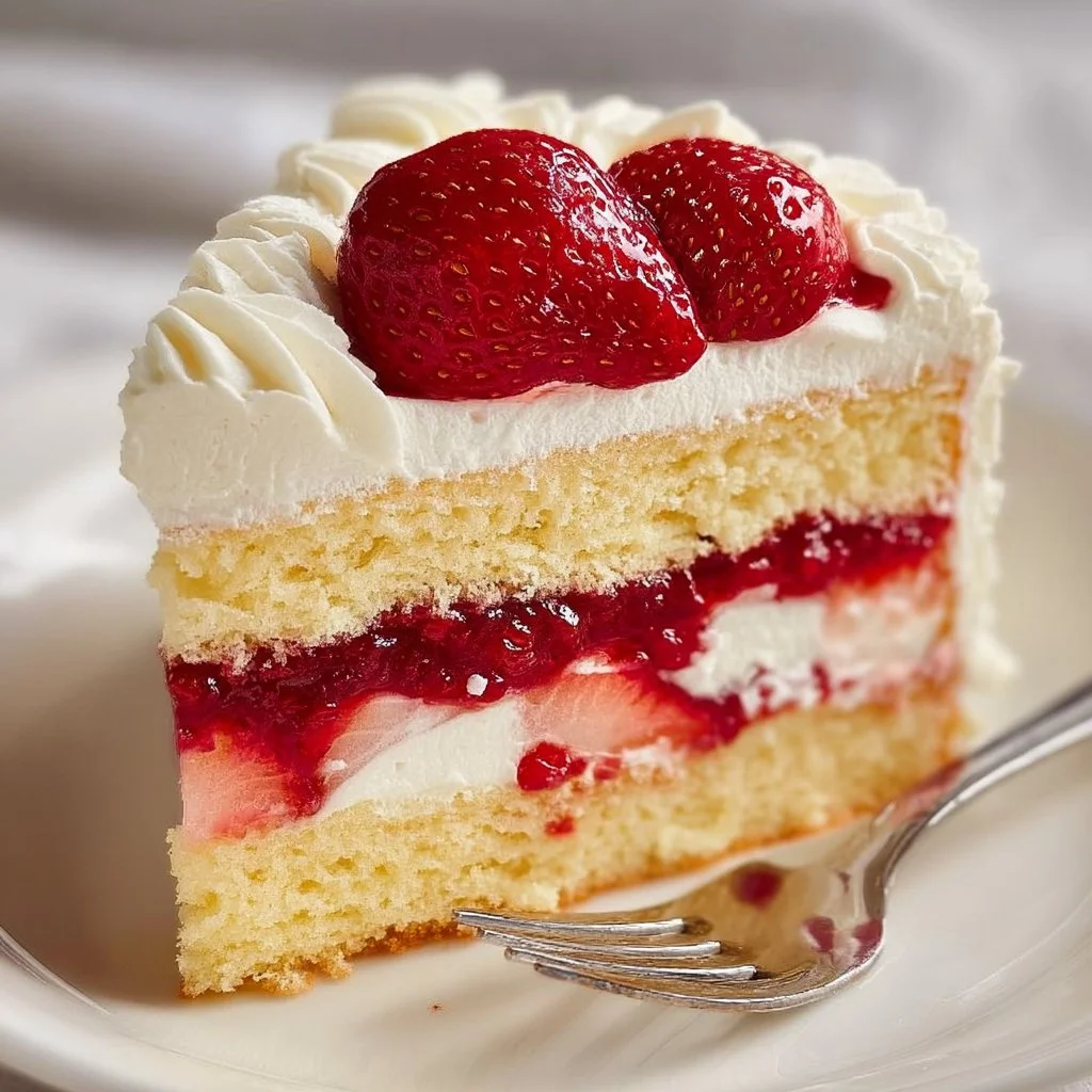 Vanilla cake with strawberry filling served on a plate