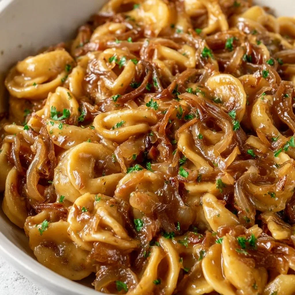 Vegan caramelized onion pasta served in a bowl with fresh herbs and spices