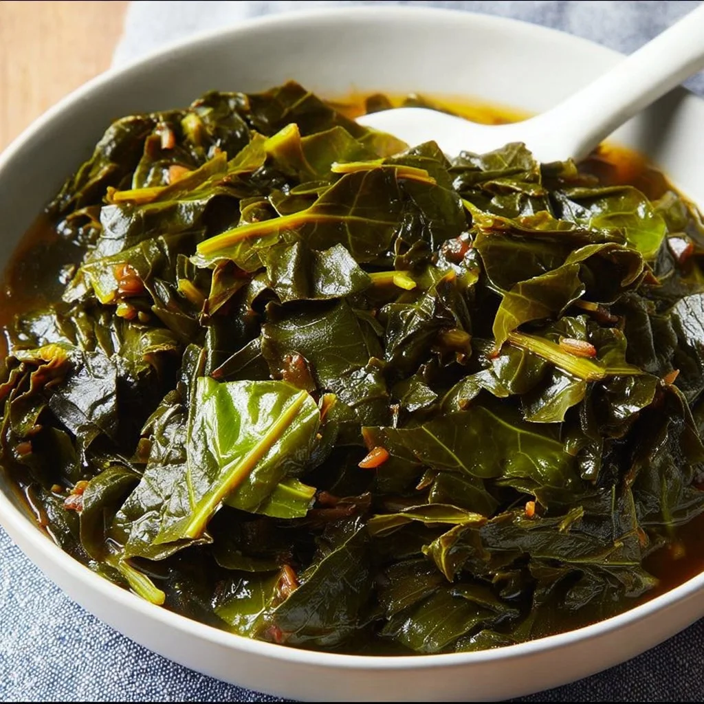 A bowl of vegan Southern-style collard greens seasoned with spices and ready to serve.