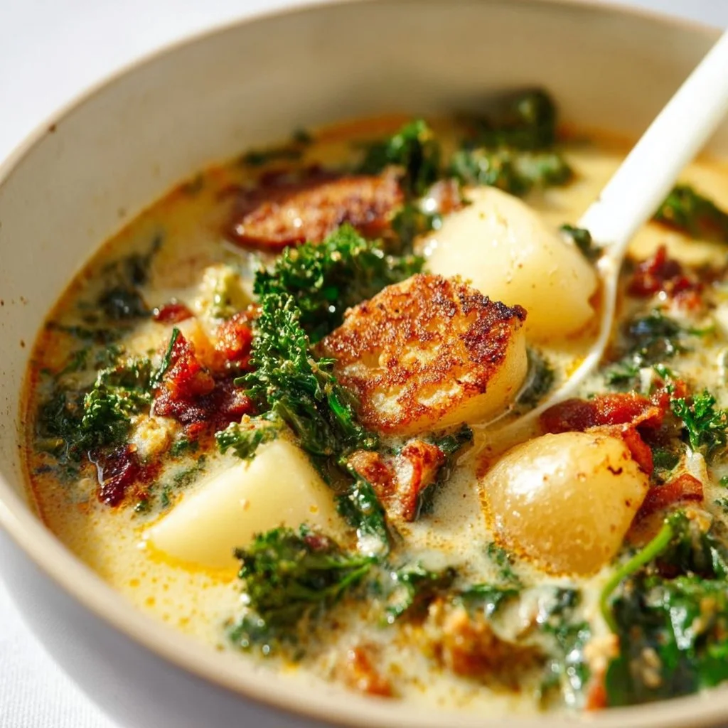 Bowl of delicious Vegan Tuscan Soup with fresh vegetables and herbs