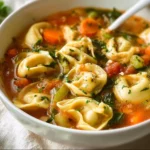 A bowl of Vegetable Tortellini Soup garnished with herbs and vegetables.