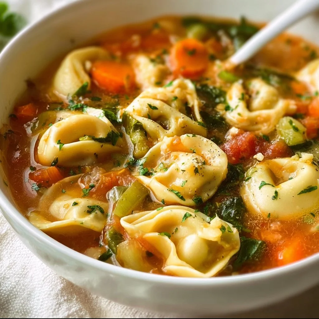 A bowl of Vegetable Tortellini Soup garnished with herbs and vegetables.