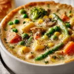 Bowl of veggie pot pie soup with fresh vegetables and herbs