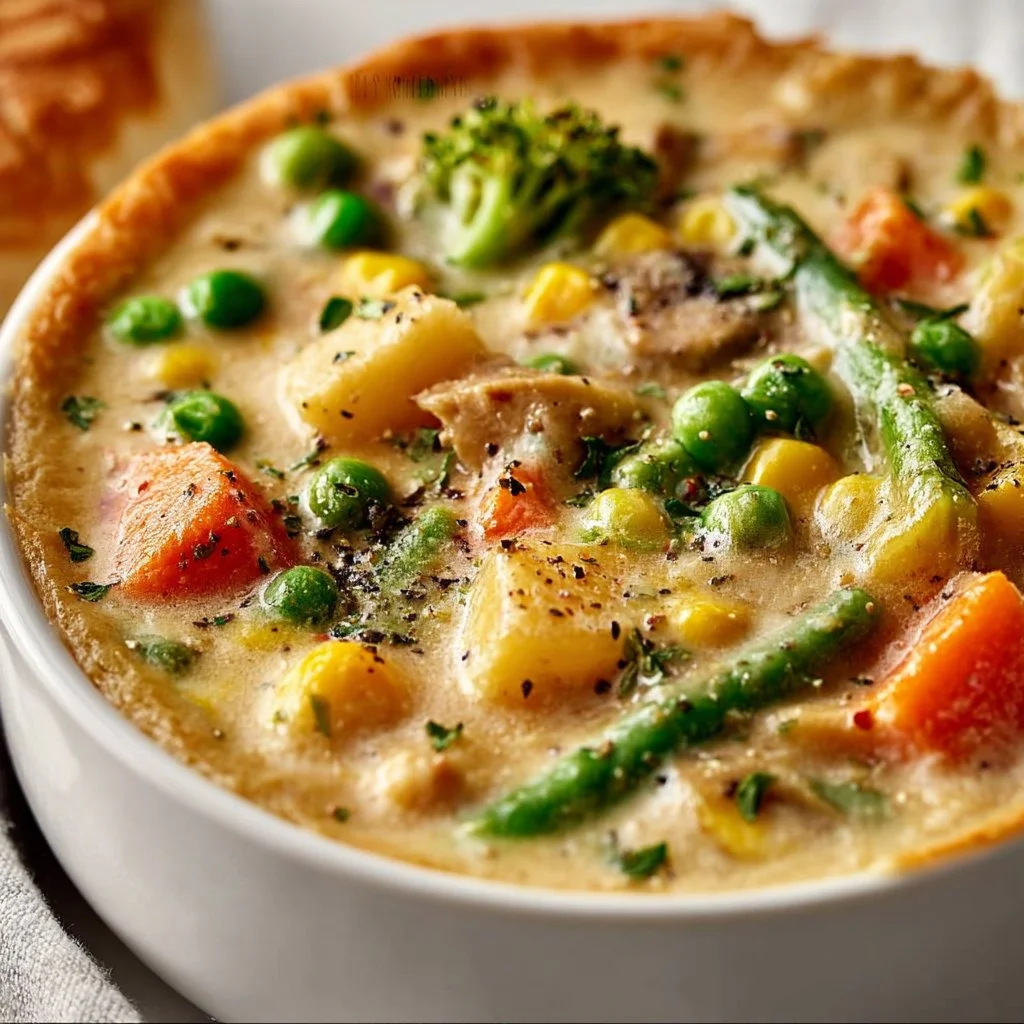 Bowl of veggie pot pie soup with fresh vegetables and herbs