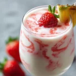 Virgin Strawberry Pina Colada served in a chilled glass with fresh strawberries.