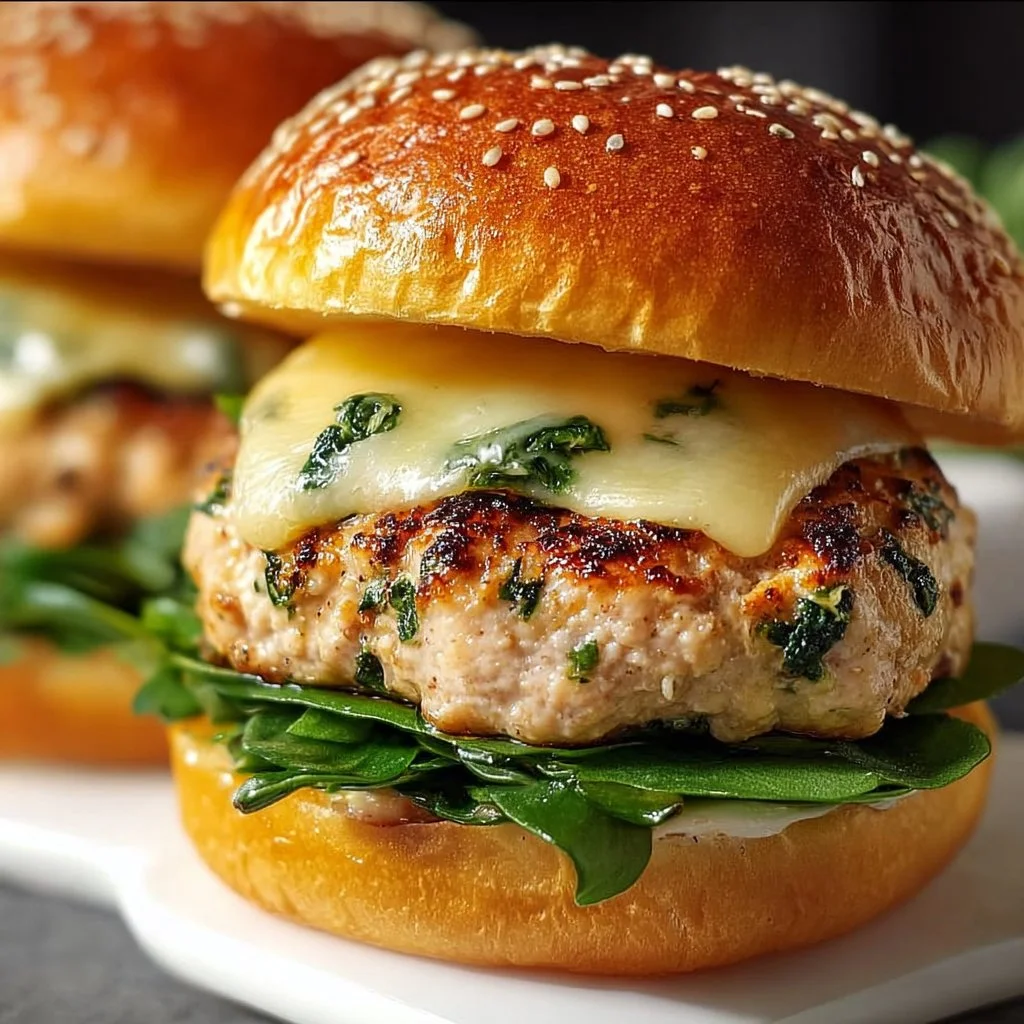 White cheddar and spinach chicken burgers on a wooden platter