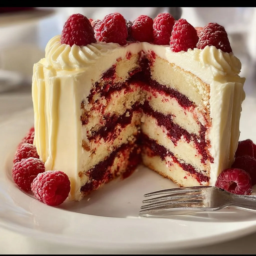 Slice of white chocolate raspberry cake with fresh raspberries on top