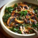 Bowl of wild mushroom and kale soup garnished with herbs