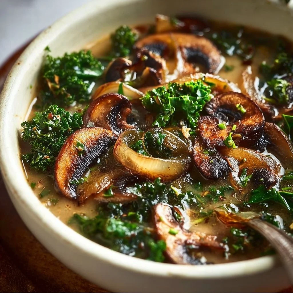 Bowl of wild mushroom and kale soup garnished with herbs