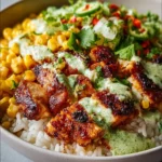 Delicious street corn chicken rice bowl topped with fresh ingredients.
