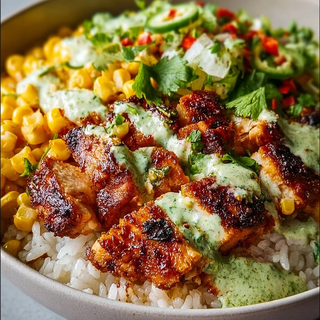 Delicious street corn chicken rice bowl topped with fresh ingredients.