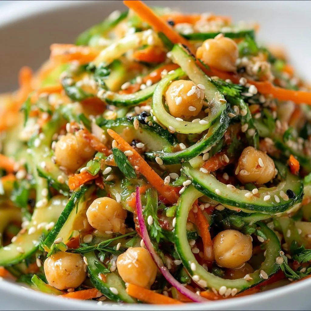 Asian cucumber and chickpea slaw served in a bowl.