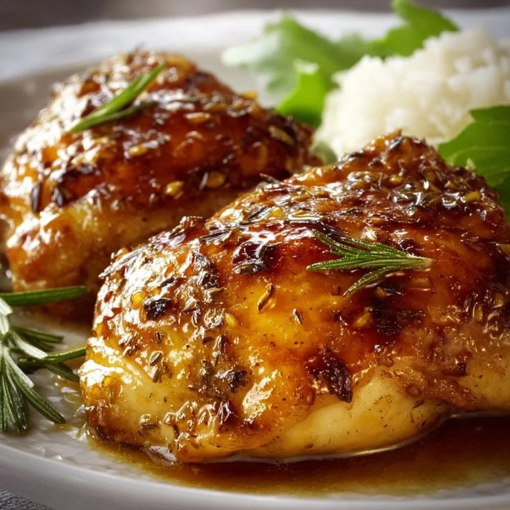 Baked Honey Dijon Chicken on a plate garnished with herbs