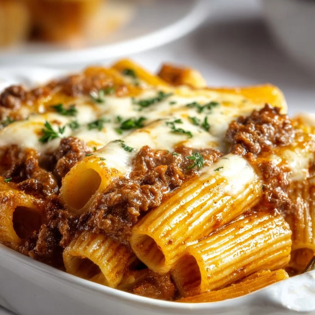 Baked rigatoni with beef ragu and mozzarella cheese, topped with herbs.