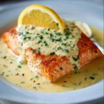 Delicious baked salmon fillet garnished with herbs and lemon slices