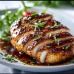 Balsamic baked chicken breast served on a plate with vegetables.