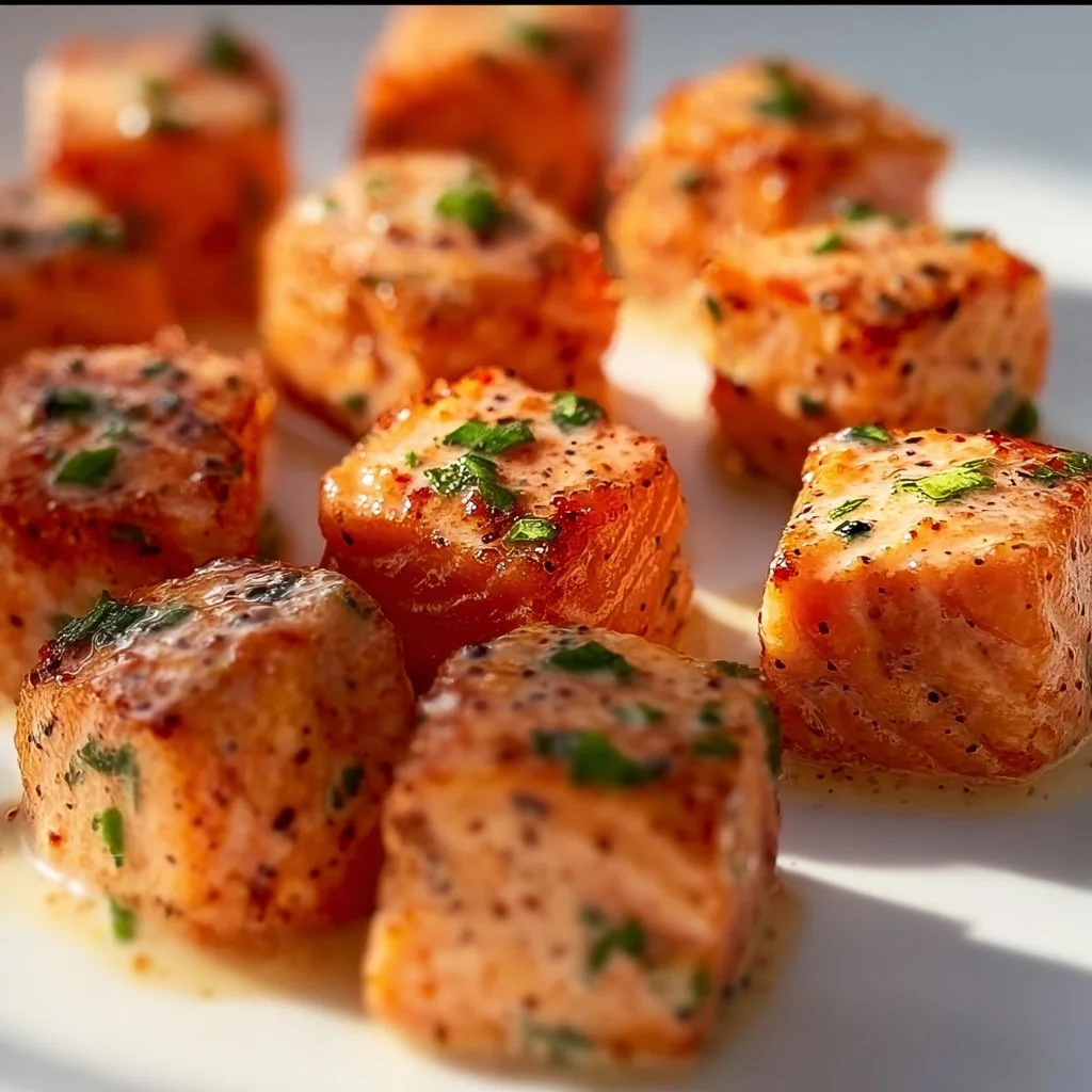 Bang Bang Salmon Bites with a spicy sauce served on a plate
