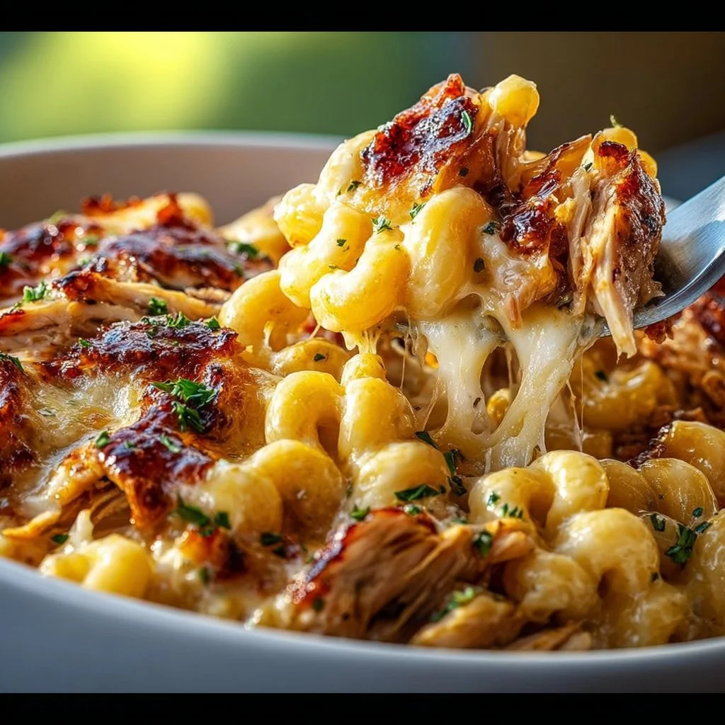 Delicious BBQ Chicken Mac and Cheese baked with melted cheese and BBQ sauce.